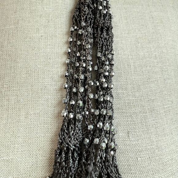 Y2K-inspired Crocheted Skinny Scarf with Beaded Embellishment – Gray & Silver - Picture 5 of 5